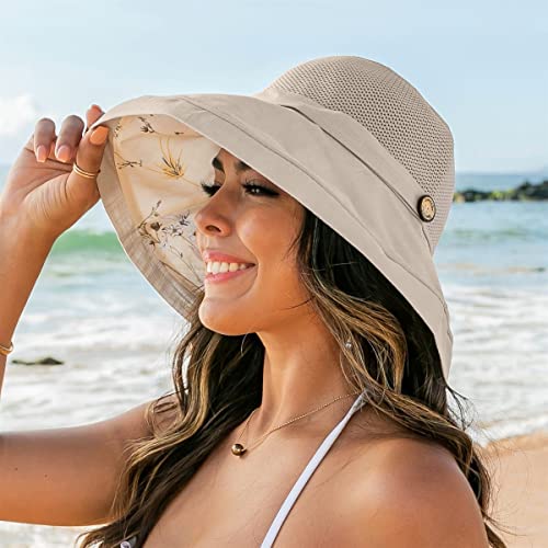 Women's-Mesh-Sun-Hats Wide-Brim Summer Beach Bucket Caps for Girls Outdoor-UV-Protection Foldable-Fishing-Hat Chin Strap - color: Beige