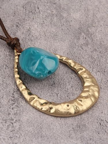 GelConnie Leather Necklace for Women Round Wooden Pendant Long Leather Choker Vintage Sweater Necklace Gold Chunky Boho Necklaces for Women - style: Blue Stone Leather Necklace