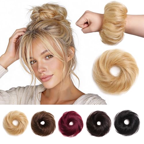 Messy Bun Hair Piece Real Human Hair Scrunchie Updo Extensions For Women Fake Buns Chignon Wig Thick Volume Heat Friendly Donut Ponytail Elastic Band AshBlonde/DarkBlonde - color: AshBlonde/DarkBlonde
