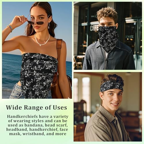 Floral Bandanas for Women Men, 27" x 27" Large Cotton Bandana Headband Head Wraps Hair Scarf for Beach Camping - color: Black Floral-herbal