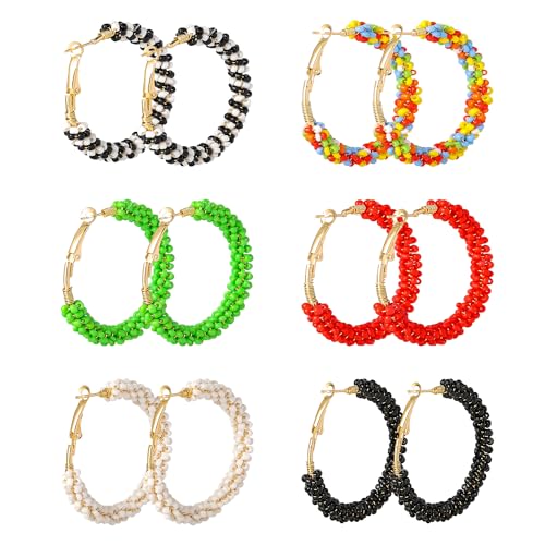 Jinxiuge 6 Pair Beaded Hoop Earrings Boho Flower Round Earrings Women's Handmade Earrings Set - style: Style-D