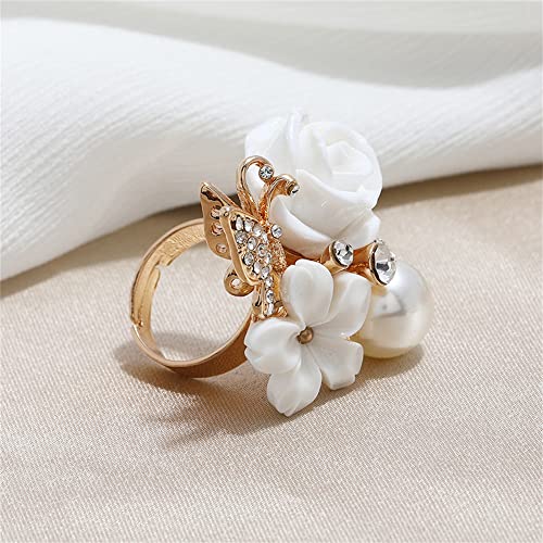 CZ Rose Flower Wedding Ring for Women Statement Engagement Round Rhinstone Crystal Aryclic Daisy Plumeria Adjustable Open Wrap Finger Rings Comfort Fit Cocktail Party Valentine Jewelry - color: White
