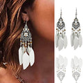 Bohemian Earrings Feather Tassel Silver Ethnic Retro Boho Dangle Earring Bead Women Jewelry for Birthday Party Gifts (White) - color: White
