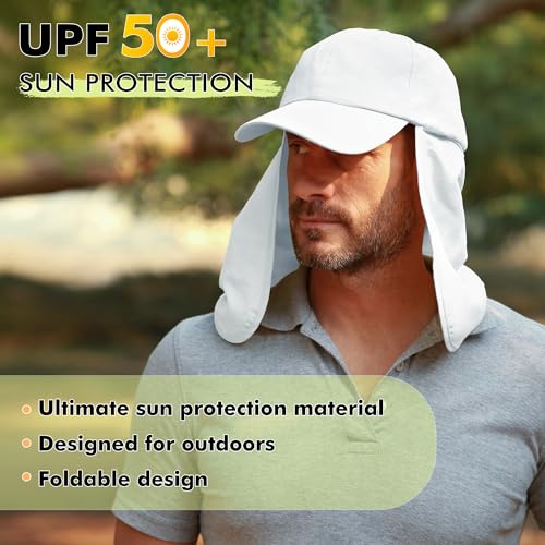Tirrinia Wide Brim Sun Hat with Neck Flap for Men & Women, Breathable Hiking Fishing Safari Hat, Outdoor UV Protection Cap - color: White