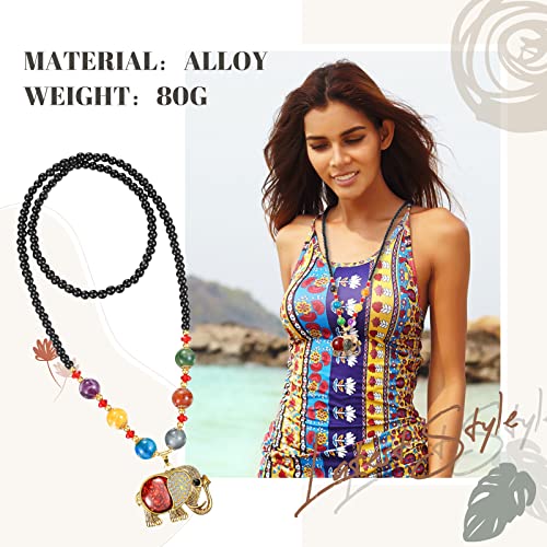 3 Pcs Boho Long Pendant Necklaces for Women Boho Long Wooden Beaded Necklace Handmade Turquoise Fish Elephant Necklace Jewelry with Storage Bag for Women