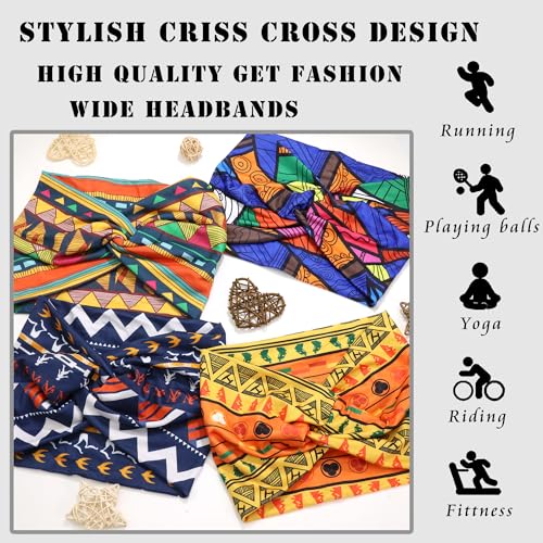 FULZTEY Wide Headband Boho Hair Bands African Style Turban Headbands Knotted Bandana Cute Hair Scarf Non Slip Sweatband Criss Cross Head Wraps For Women Teen Girls Yoga Running 4 Pcs - color: Style 144