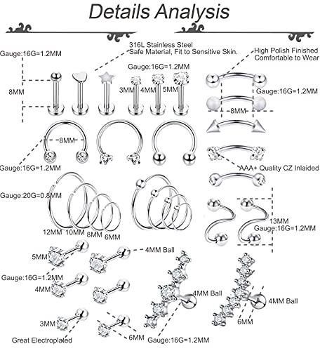 REVOLIA 32Pcs Stainless Steel Cartilage Stud Earrings for Women Conch Helix Tragus Daith Conch Hoop Earing Piercing Jewelry Set - color: Silver-tone