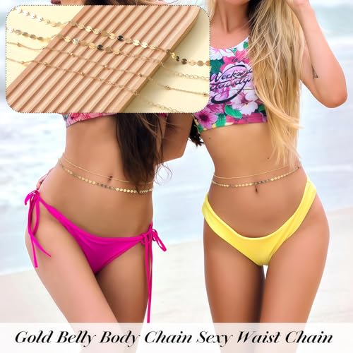 14K Gold Plated Waist Chain for Women, 2Pcs Adjustable Pearl Beads Body Chain, Sexy Layered Summer Beach Bikini Belly Jewelry Accessories - style: Satellite&Sequins