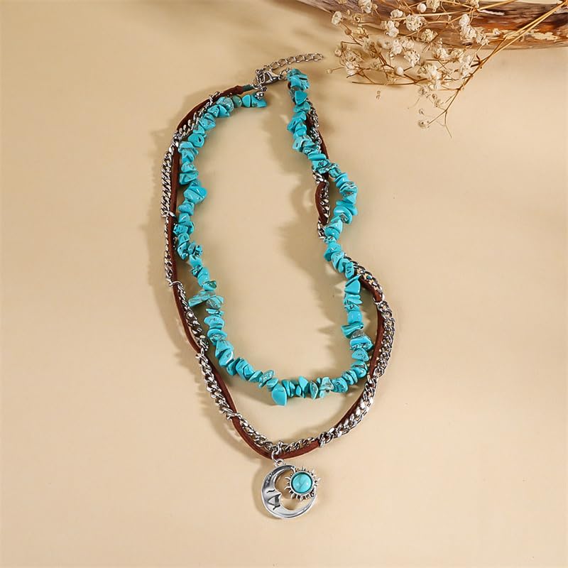 Pingyongchang Boho Layered Western Turquoise Necklaces for Women Vintage Stone Beaded Chokers Butterfly Catus Chain Country Concert Cowgirl Cowboy Jewelry Holiday Gifts - style: C Moon 2
