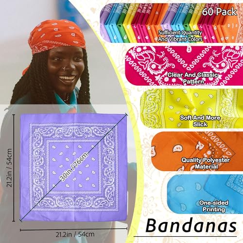 ILHSTY 60 Pcs Women Men Paisley Bandanas Bulk Unisex Bandanas Head Cowboy Scarf Necktie handkerchief Party Supplies - color: Neon