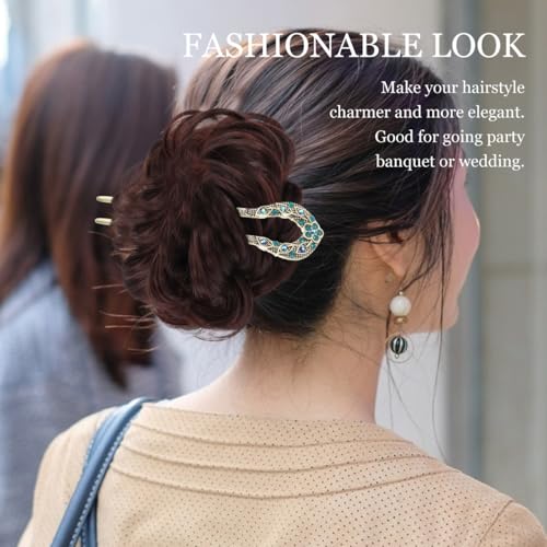 Lurrose Double Prong Hair Pin U Shaped Crystal Chignon HairPin Stick Hairstyle Accessory for Women Girls(Blue) - color: Blue