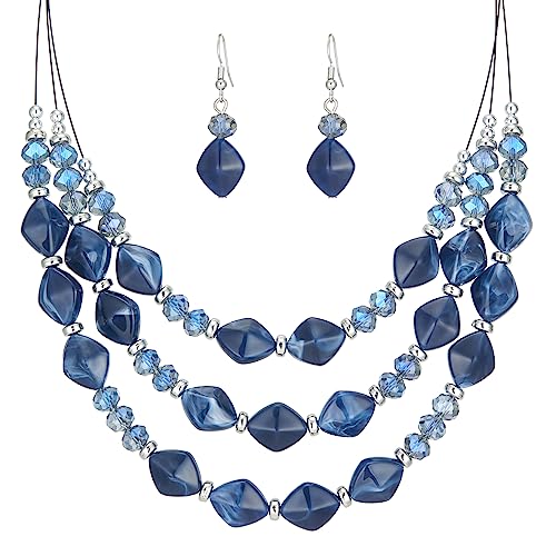 3 Layered Chunky Statement Necklace for Women Beaded Strand Necklaces with Earring Fashion Costumes Collar Necklace Jewelry Sets Gifts for Women - color: Blue