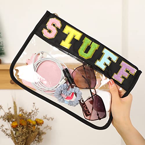 DYSHAYEN Chenille Letter Clear Zipper Pouch for Travel,Nylon Clear Cosmetic Bag,Makeup Travel Bag for Women Girls 11.8 Inches x 8.2 Inches - color: Black-Stuff