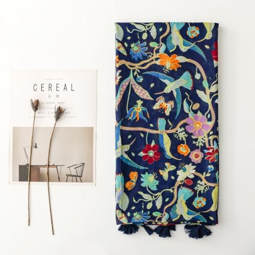 WaJuemy Travel Boho Scarf for Women Casual Lightweight Pashmina Scarves Fashion Multicolor Shawl Wraps with Fringed Beads - color: 49 Navy Bloom
