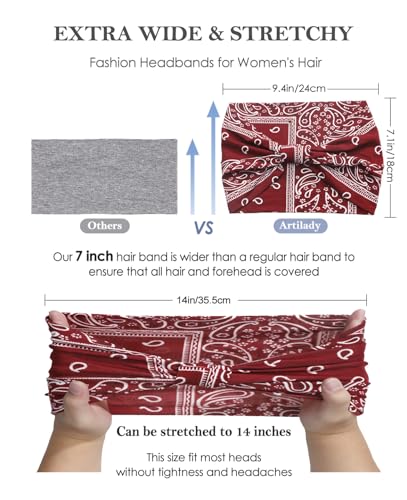 Artilady Wide Bandana Headbands for Women-Boho Bandeau Head Band Bohemian Paisley Red Headwrap Soft Athletic Elastic Sweat Non Slip Hair Bands for Curly Hair Accessories 6 PCS - color: Pattern