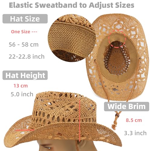 Straw Cowboy Hat for Women and Men with Shapeable Wide Brim Sun Beach Western Cowgirl Hat - color: Khaki