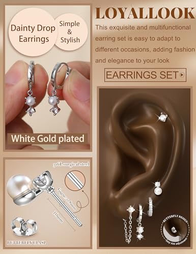 LOYALLOOK Hypoallergenic Flat Back Stud Hoop Earrings for Women, 14K Gold Plated Surgical Steel Earring Stacks Set for Sensitive Ears, Dainty Dangle Chain Silver Cartilage Earring Trendy Piercing Jewelry - color: Silver-pearl