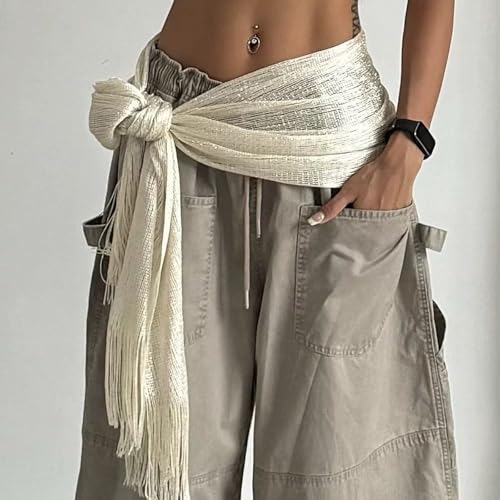 Women Y2K Lace Fringe Hip Scarf Boho Triangle Tassel Waist Cover Up Skirt Wrap Sheer Tie Belt Aesthetic Streetwear - color: H White