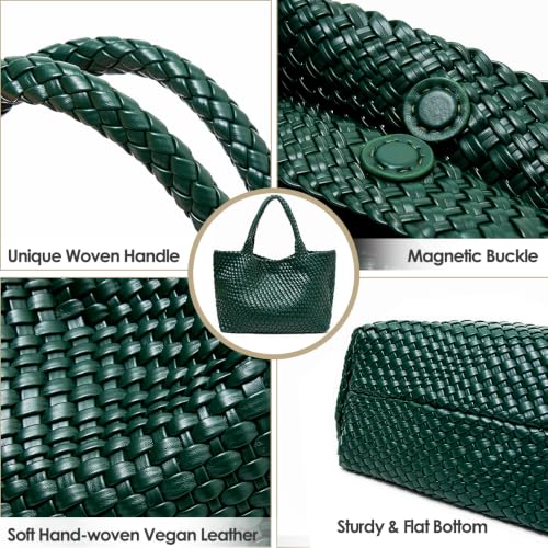 Handmade Woven Tote Bag for Women, Soft Vegan Leather Shoulder Bag with Purse, Large Travel Handbag - color: Dark Green