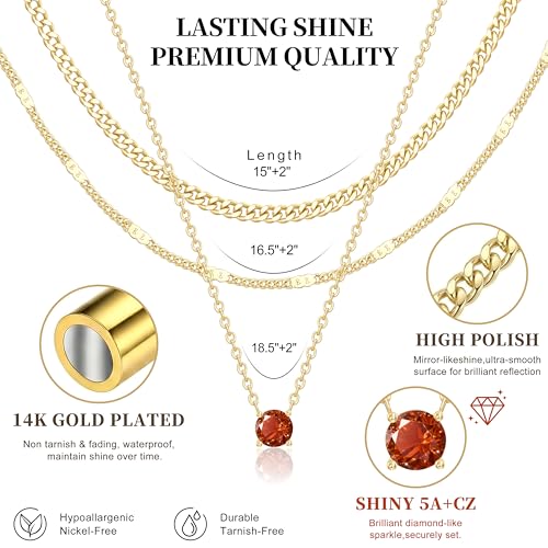 WomenGifts Layered Gold Necklaces for Women, 14K Gold Sterling Silver Plated Dainty Pendant Necklace Set Non Tarnish, Chunky Stackable Cuban Chain Choker, Trendy Birthstone Vacation Jewelry Gift - color: Gold, style: Cubic Zirconia-Created Ruby-July