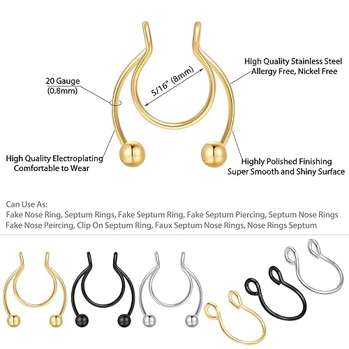5-18 Pcs Nose Rings Hoops Fake Nose Ring Fake Septum Fake Lip Rings Fake Septum Piercing Fake Nose Piercing Fake Nose Hoop Double Hoop Nose Ring Fake Double Nose Ring Nose Cuffs Faux Nose Rings Clip On Cartilage Hoop Earring - color: C1: 18Pcs Gold Black