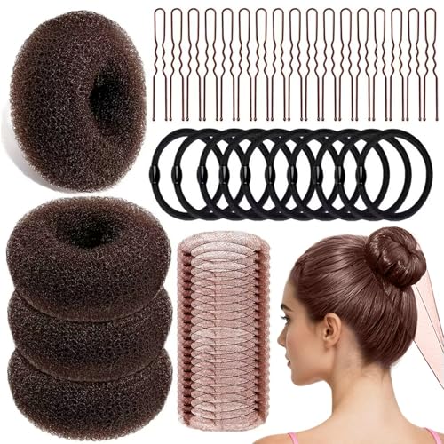YINGFENG 134 Pcs Brown Hair Bun Maker Kit Medium - 4 Bun Hair Pieces for Women, 20 Hair Net for Buns, 100 Bobby Pins for Women, 10 Hair Bands, for Ballet Styling, Hair Accessories for Girls - color: brown, size: Medium