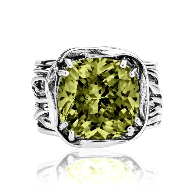 JEAN RACHEL JEWELRY 925 Sterling Silver Ring - Wrap Vintage Design with Cushion Shaped Cubic Zirconia - Hypoallergenic, Lead & Nickel Free - Artisan Handcrafted Statement Rings for Women - color: Peridot CZ