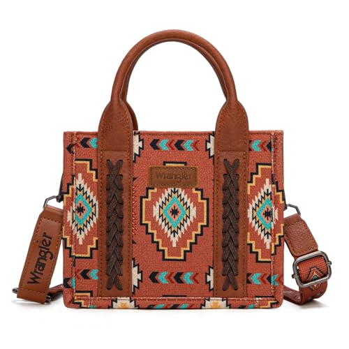 Wrangler Mini Aztec Tote Bag for Women Boho Small Top Handle Purse with Adjustable Strap - color: Boho Brown