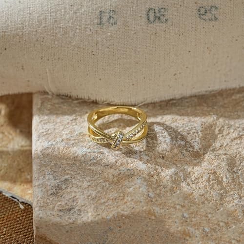FISSEN JEWELRY Gold Rings for Women, Non Tarnish Dainty 14k Gold Plated Silver CZ Cross Ring Cute Cubic Zirconia Pinky Thumb Stackable Band Silver Finger Rings Size 6-10 Jewelry for Her - color: Gold Diamond Knot