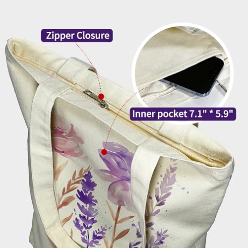 itgowisa Canvas Tote Bag for Women, Tote Bag with Zipper Inner Pocket, Zippered Canvas Bag for Shopping Work Grocery Everyday - style: Romantic Healing Style