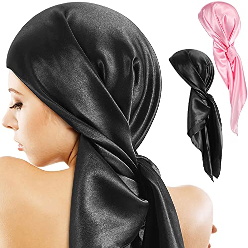 SATINIOR 35 Inch Silky Head Scarf 2 Pcs Large Square Neck Scarf Sleeping Hair Wrapping Satin Bandana for Women - color: Pink, Black, style: Classic