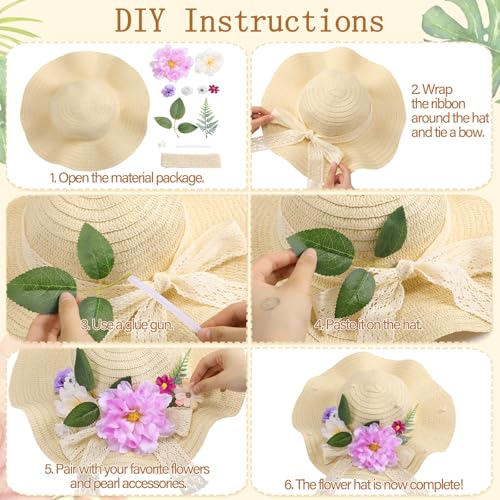 6 Sets DIY Tea Party Straw Hats Kit DIY Straw Hat for Women Blank Sun Hats - style: Boho Ribbon