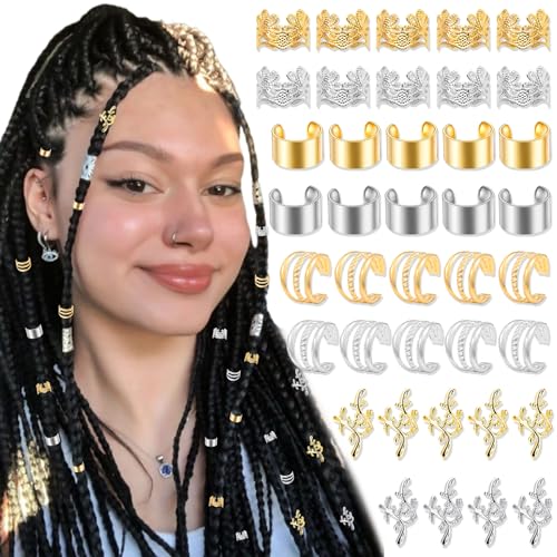 40PCS Hair Jewelry for Braids Gold&Silver Hair Cuffs Adjustable Braid Jewelry Non-Piercing Ear Clips Multi Style Loc Dreadlock Accessories for Women and Girls - color: Gold&Silver