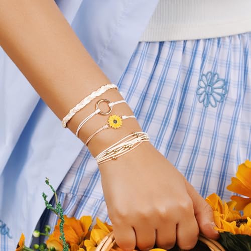 Sunflower Friendship Bracelets Boho Stackable String Bracelets Cute Trendy Gifts for Teen Girls Women - color: Ivory