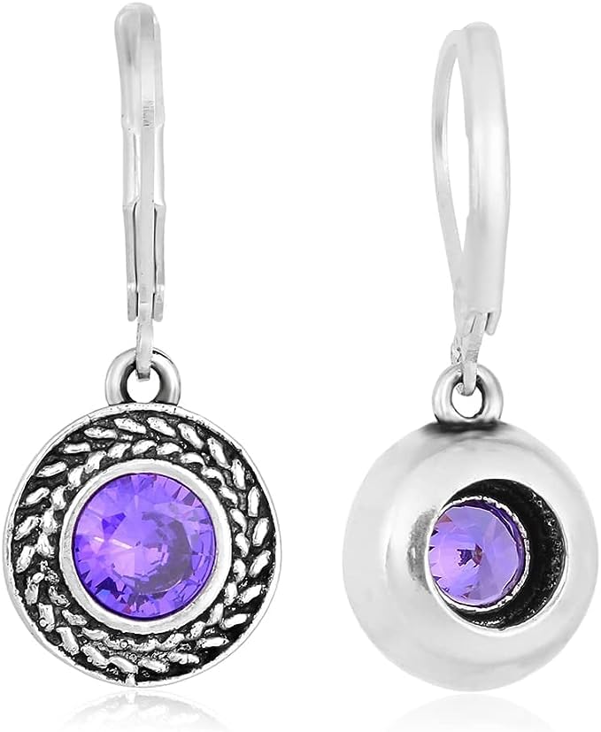 Savma Handmade 925 Sterling Silver Leverback Earrings for Women, Vintage Celtic Round Crystal Dangle Drop Earrings, Lightweight Boho Hypoallergenic Jewelry Gift - color: Dark Blue Stone
