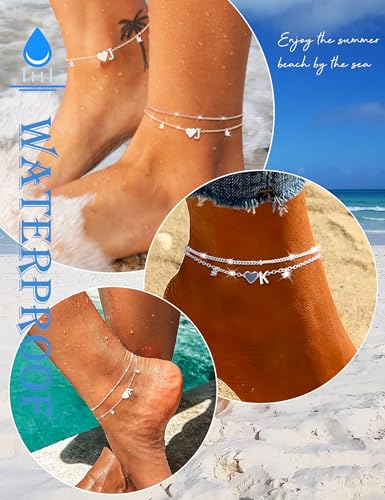 Silver Ankle Bracelets For Women 14k Gold Plated Initial Anklets For Women Waterproof Non Tarnish Dainty Layered CZ Letter A-Z Heart Charm Anklet Set Summer Beach Foot Chain Jewelry Gift - color: Silver