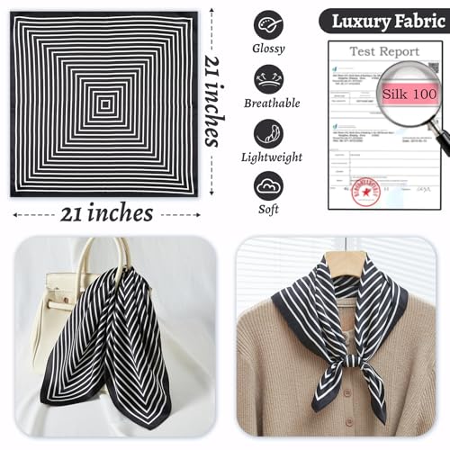 100% Mulberry Silk Neck Scarf 21''x21'' Small Square Hair Scarf for Women Men Lightweight Bandana Envelope Package - color: Classic Stripe- Black