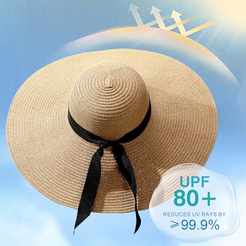Womens Beach Sun Straw Hat with Straw Belt UV UPF 80+ Travel Foldable Brim Summer UV Hat Stretch Boho Belt for Dress - color: Khaki, size: X-Small