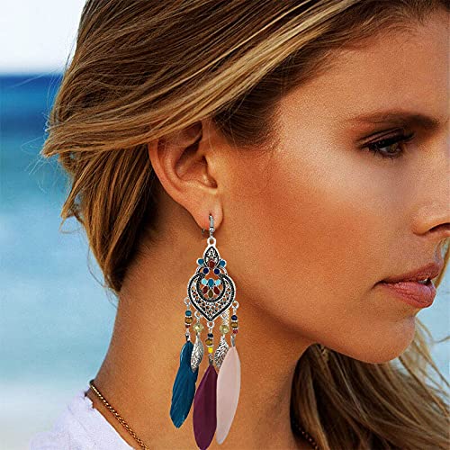 Bohemian Earrings Feather Tassel Silver Ethnic Retro Boho Dangle Earring Bead Women Jewelry for Birthday Party Gifts (Multicolor) - color: Multicolor