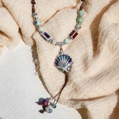 Boho Style Colorful Ceramic Bead Strand Necklace Adjustable Bohemian Jewelry Gift for Women, Fashion Clothing Matching Necklace - color: Kiln Changed Green