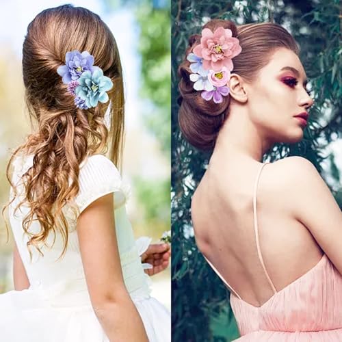 21 PCS Hair Flowers Boho Hair Barrettes Accessories Hawaiian Silk Flower Clips Girls Purple Blue Floral Bride Headpiece Festival(BLUE & PURPLE) - color: Purple&Blue, size: 1 Count (Pack of 21)