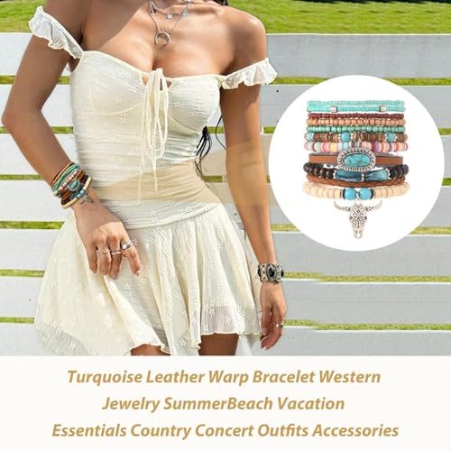 Long tiantian Western Turquoise Beaded Bracelet Set for Women Stackable Cowgirl Bracelets Boho Concho Jewelry Country Concert Rodeo Outfit Accessories Gifts - color: F2:western wooden dress