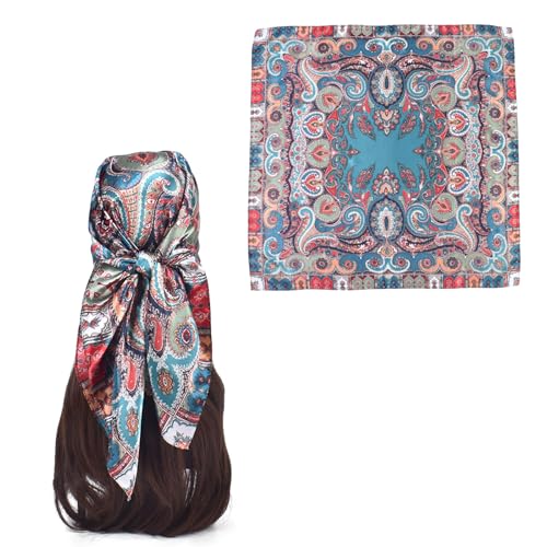 35 x 35 Women's Fashion Pattern Large Square Silk Like Hair Scarf Head Sleeping Wrap Satin Neck Bandana for Gift… - color: Blue - Buddha Cashew Nut