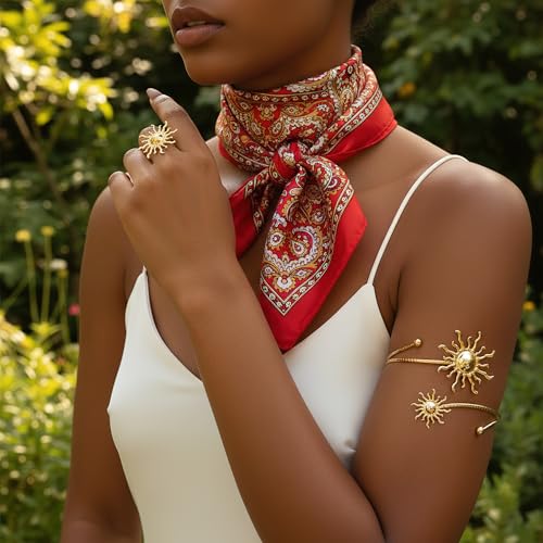 Gold Arm Cuff with Ring, 2 Pcs Open Upper Arm Bracelet and Ring with Rhinestones, Adjustable Metal Armband Jewelry Set - color: Sun