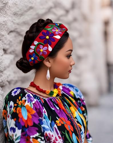 FANFAN Boho Mexican Embroidered Headband - Floral Elastic Hair Band Women Girls Wedding Festival Daily Wear E9 (Red, One Size) - color: Red
