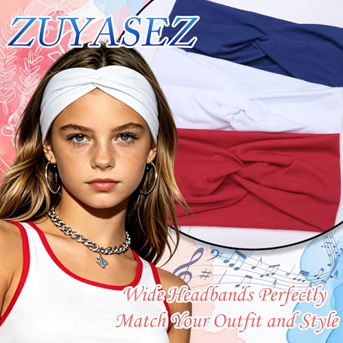 4th of July Short Headbands for Women 3Pcs Red White and Blue Twist Cross Turban Headbands Boho Elastic Non Slip Hair Bands Hair Wraps Accessories - color: Red+Blue+White