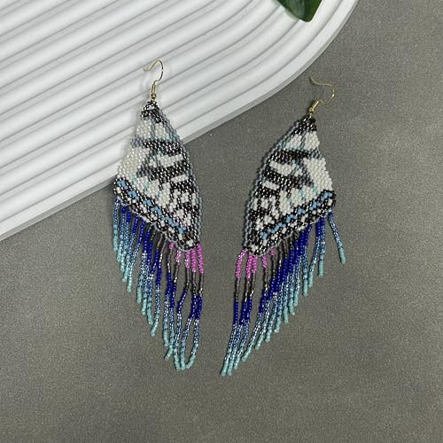 Handmade Seed Beaded Earrings, Lightweight Boho Fringe Dangle Earrings, Glass Bead Drop Jewelry for Everyday Wear & Party, Women Gifts - color: Butterfly wings