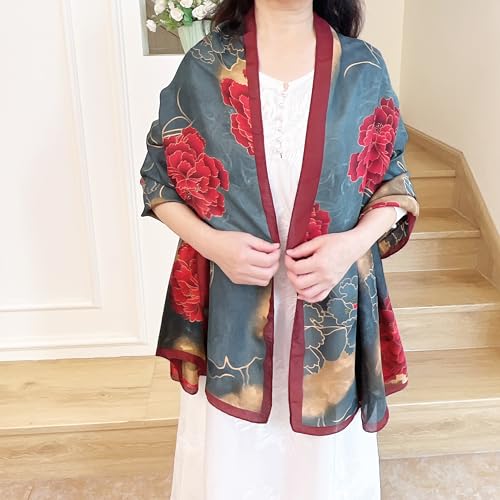 Long Silk Like Scarf Lightweight Satin Scarves Large Sunscreen Shawl Wrap for Women - color: 013.flowers Red and Blackish Green