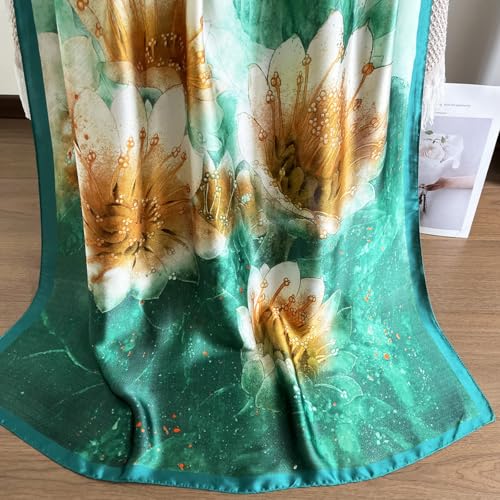 Long Silk Like Scarf Lightweight Satin Scarves Large Sunscreen Shawl Wrap for Women - color: 004.big Flowers Green
