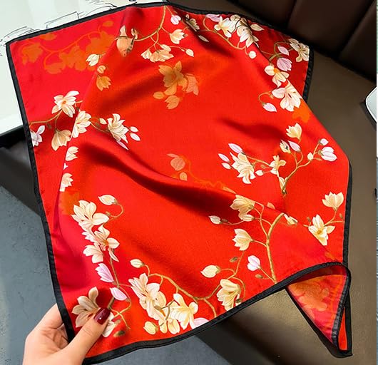 MEISEE 100% Pure Mulberry Silk Scarf 21" Square Scarf Neckerchief Headscarf Breathable Lightweight for Women Gift Packed - color: M3 Red Flower